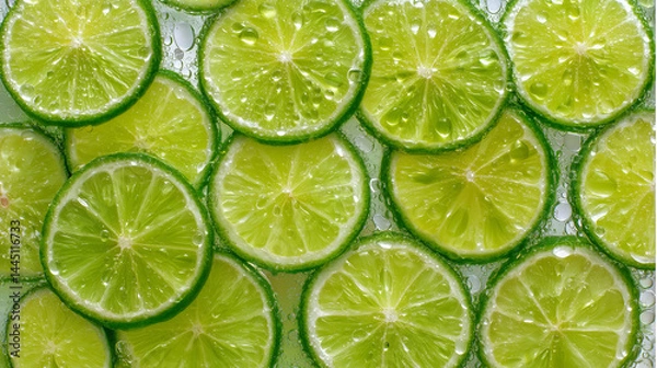 Fototapeta Citrus Freshness: Wet Lime Slices Spread Across a Bold Background