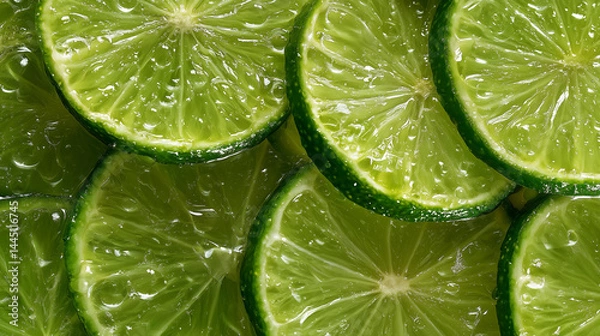 Fototapeta Fresh and Zesty: Wet Lime Slices on a Solid Background