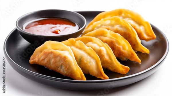 Fototapeta Crunch & Flavor: Crispy Gyoza Presentation on Dark Plate
