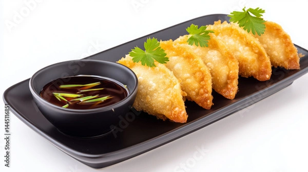 Fototapeta Golden Perfection: Deep-Fried Gyoza Resting on Matte Black Dish