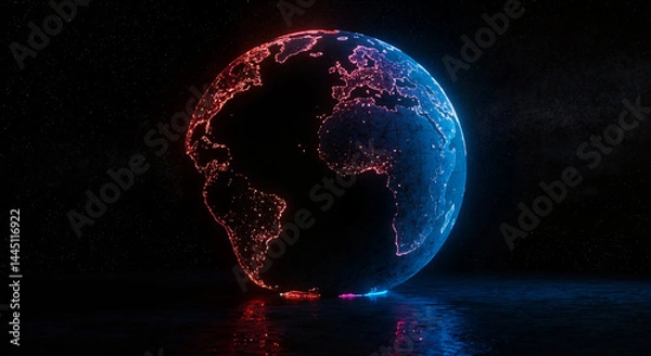 Obraz Digital Earth Globe Illuminated in Blue and Red Against Dark Background  