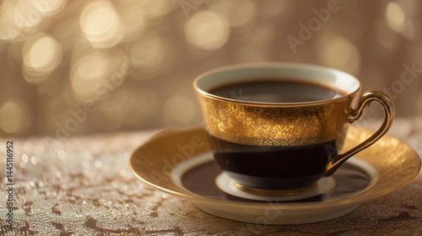 Fototapeta Timeless Elegance: Coffee in an Exquisite Setting with Warm Golden Light