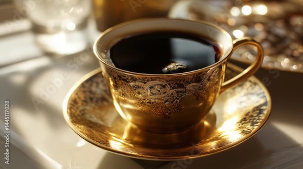 Fototapeta Sipping Elegance: A Cup of Coffee Against a Luxurious Golden Backdrop