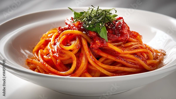 Fototapeta Bold & Fiery: A Plate of Korean Turkey Noodles with Thick Red Sauce