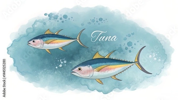 Fototapeta Dreamlike watercolor illustration of two colorful tuna swimming, elegant font overlay