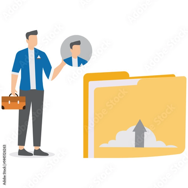 Obraz Man uploading image or file document to huge folder of cloud storage