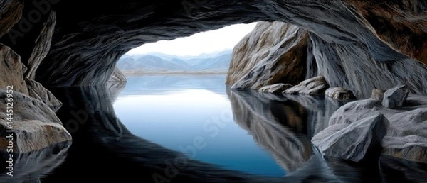Fototapeta A serene view from inside a rocky cave, looking out over calm water with distant mountains under a clear sky.