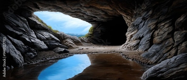 Obraz A rocky cave with a pool of water at the entrance, reflecting the blue sky and landscape outside.