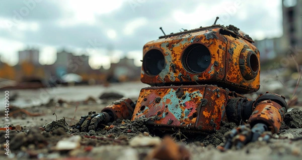 Obraz Extreme close-up and front view of a small abandoned rusty toy robot in post-apocalyptic wasteland. Generative Ai.