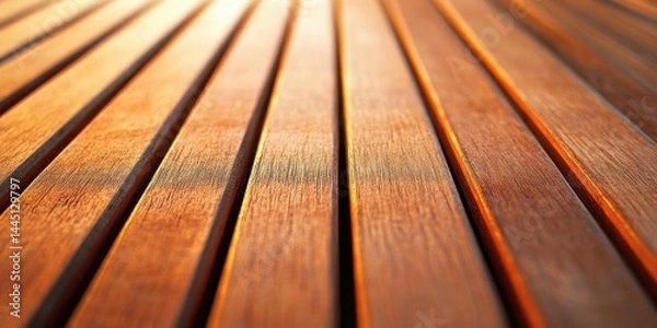 Fototapeta Closeup of wooden surface with warm sunlight and smooth texture highlighting details