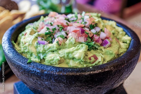 Fototapeta Fresh guacamole served in a traditional molcajete, topped with chopped tomatoes, onions, and cilantro, ready to be enjoyed