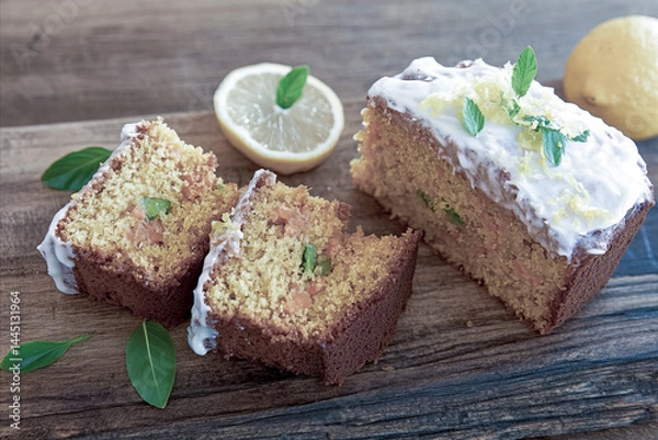 Fototapeta Moist lemon loaf cake with icing and mint leaves, garnished with lemon zest and served on a rustic wooden board