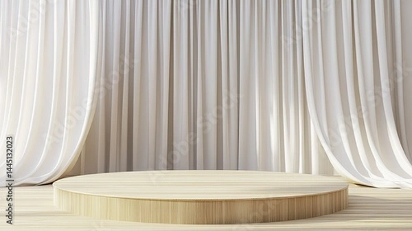 Fototapeta Serene Wooden Podium with Draped in Light, and Minimalist Stage.