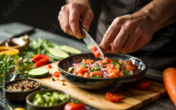 Fototapeta Chef Prepares Salmon Salad Dicing Tomatoes, Healthy Food Preparation on Wooden Board, Close Up