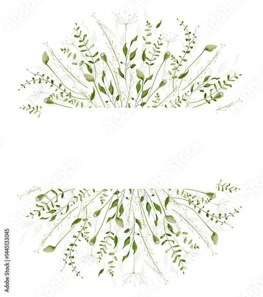 Obraz Watercolor floral greenery stripe border frame. Green and sage wild twigs, branches, herbs, leaves and poppy flower buds. Hand drawn style illustration. Artistic template design.