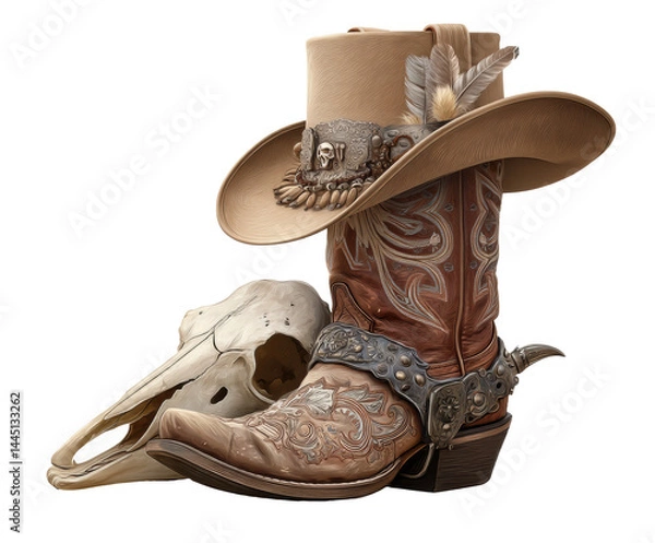 Obraz Western cowboy boots and skull decoration for rustic themes, cut out
