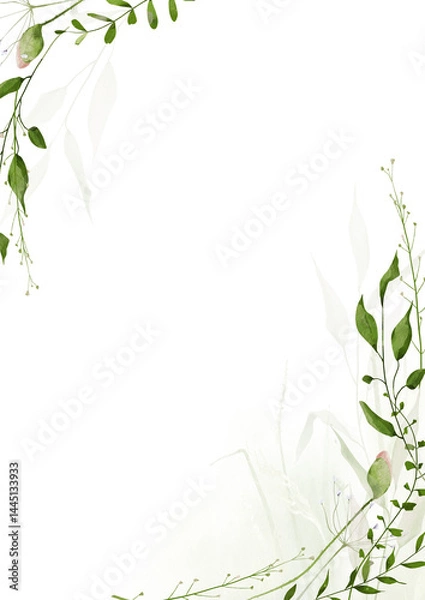Obraz Watercolor floral greenery corner angular frame. Meadow green poppy flower buds, branches, leaves, herbs, abstract washes background. Hand drawn style illustration. Artistic template design.