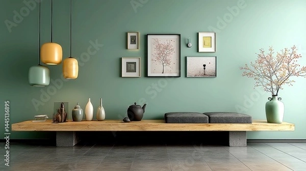 Fototapeta Minimalist Gallery Above Console, A serene display of art pieces against dusty blue walls, warm lighting enhances depth, creating an inviting and tranquil atmosphere.