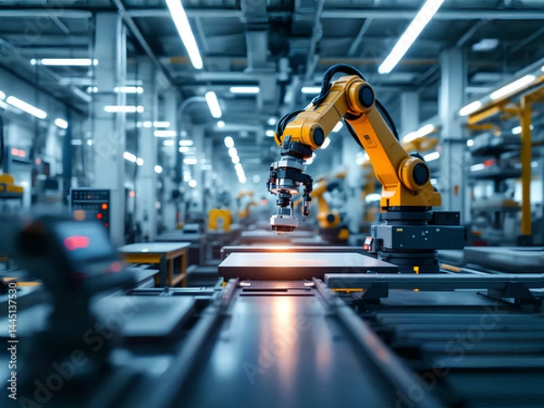 Obraz Roboterarm in moderner Produktionshalle