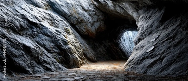 Obraz A rocky cave interior with light streaming in from an opening, highlighting rugged stone textures and a natural pathway.