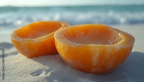 Obraz Two halved, orange, fruit-like objects on a beach