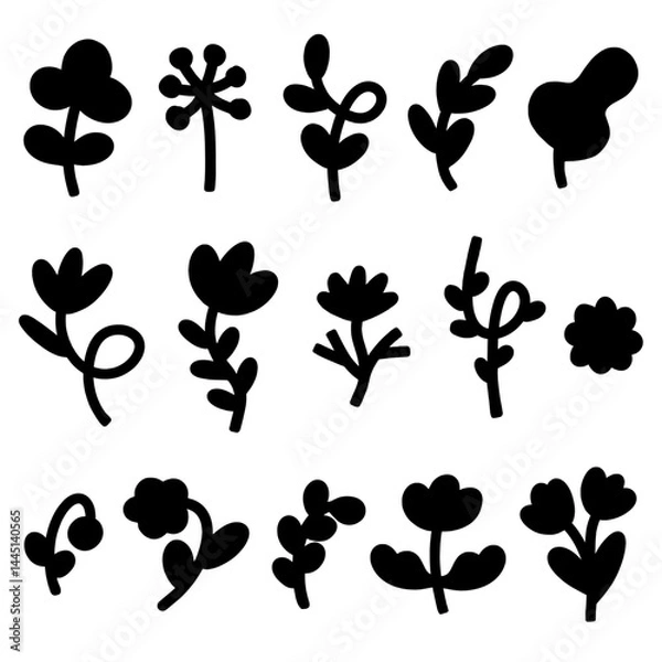 Obraz Set of black bold flowers isolated on white background. Modern scandi style floral elements. Minimalist and simple florals.