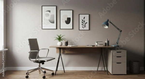 Fototapeta Modern Home Office Setup Featuring Desk Chair Artwork and Natural Light