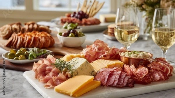 Fototapeta Delightful assortment of cured meats and cheeses arranged artfully on a marble table, accompanied by glasses of sparkling wine. A perfect festive display for a joyful gathering with friends