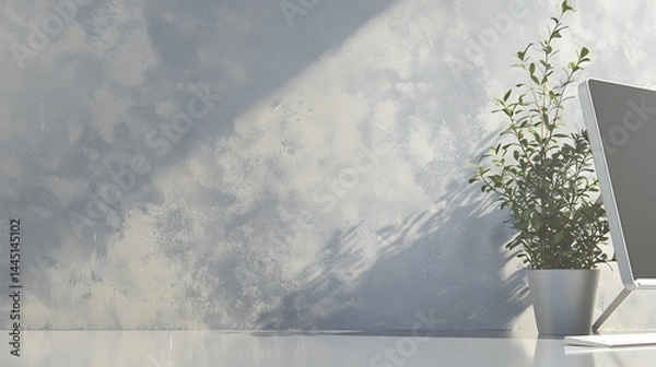 Obraz Monochromatic workspace concept with plant, monitor and textured wall
