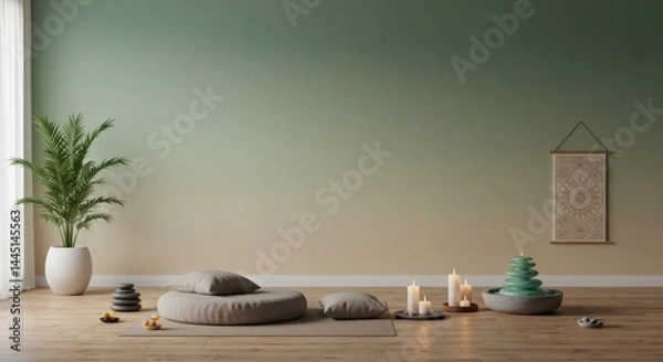 Fototapeta Indoor Meditation Space with Pillows Candles and Plant for Relaxation