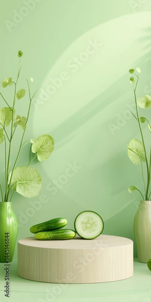 Obraz Minimalist still life with green vases and cucumbers on wooden pedestal in soft light
