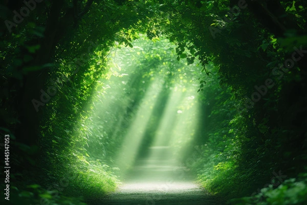 Obraz Sunlight filtering through lush green forest canopy creating a serene pathway