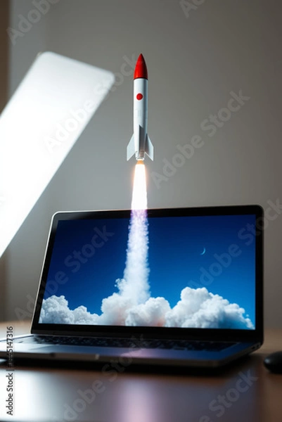 Fototapeta Rocket Launch on Laptop Screen: Digital Innovation