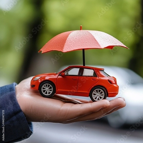 Fototapeta Red Car Model Protected by Umbrella Safe Secure Insurance Concept hand auto risk care money asset   