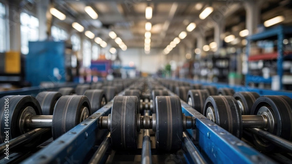 Obraz Conveyor rollers - close-up view of industrial conveyor wheels inside a modern factory, symbolizing automation, logistics, and manufacturing processes.