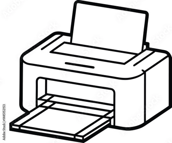 Fototapeta A simple line drawing of a printer with a paper tray. The printer features a flat top where paper is loaded, and it has a small opening from which printed pages emerge. The design is minimalist.