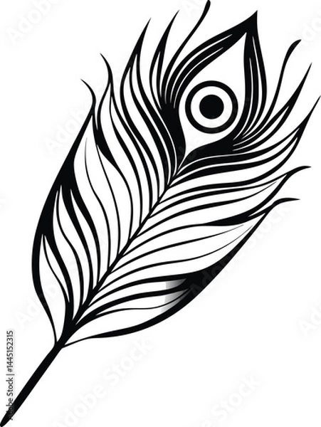 Fototapeta A stylized black and white illustration of a peacock feather, featuring intricate flowing lines and a circular eye pattern near the tip. The design emphasizes the feather's graceful curves and texture
