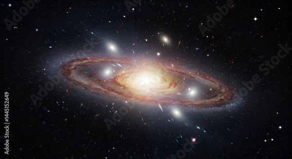 Fototapeta Spiral galaxy with a bright core, surrounded by star clusters and dust