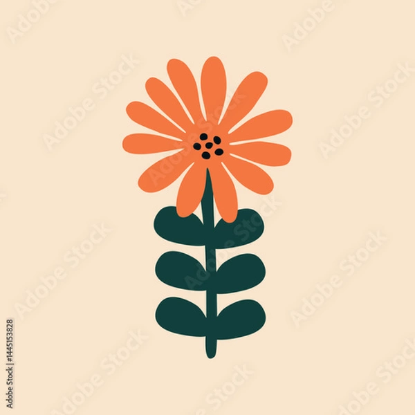 Obraz Orange geometric flower hand drawn vector illustration. Isolated red plant in flat style for poster or logo.