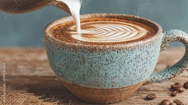 Fototapeta Delicious coffee art with milk being poured in a rustic handmade ceramic mug