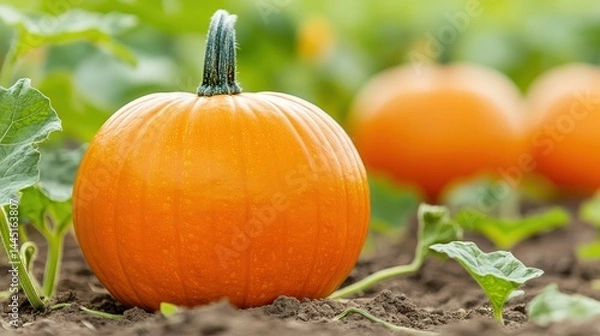 Obraz A bright orange pumpkin growing in a lush green field, surrounded by leaves and soil, with more pumpkins in the blurred background.