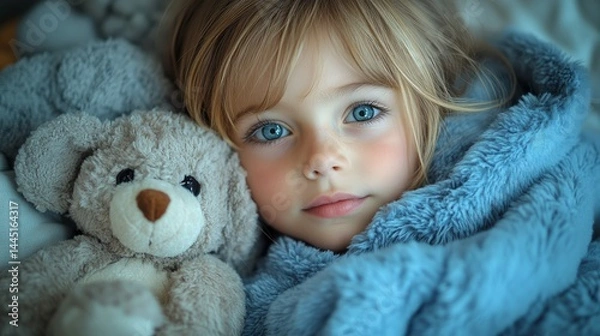 Fototapeta A young child snuggles under a soft blanket while resting next to a plush teddy bear, exuding warmth and innocence