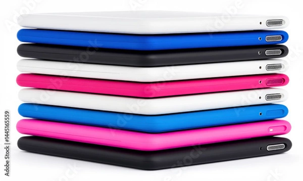 Obraz Colorful Stack of Various Tablet Cases in Different Shades on a White Background for Technology and Accessories Concepts