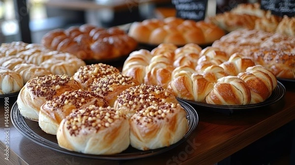 Fototapeta A tempting display of assorted pastries, each crafted with care, inviting sweet indulgence in a warm bakery atmosphere