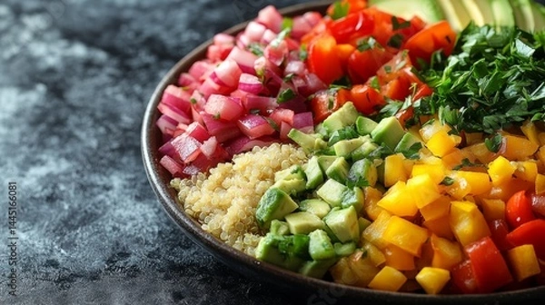 Fototapeta Colorful array of diced vegetables and quinoa showcases vibrant flavors for a healthy summer feast