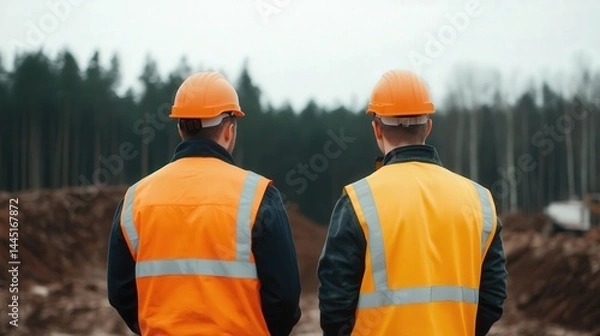 Fototapeta Two construction workers in orange safety vests and helmets stand at a worksite near a forest, viewed from behind.