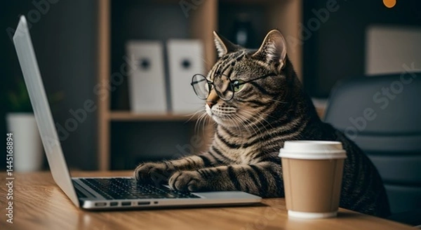 Fototapeta Funny tabby cat wearing glasses working on laptop with coffee break at office desk digital marketing