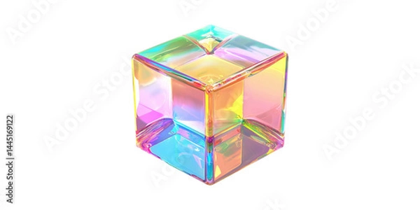 Fototapeta Colorful Iridescent Glass Cube. Vibrant Prism Reflecting Light Isolated On Transparent Background