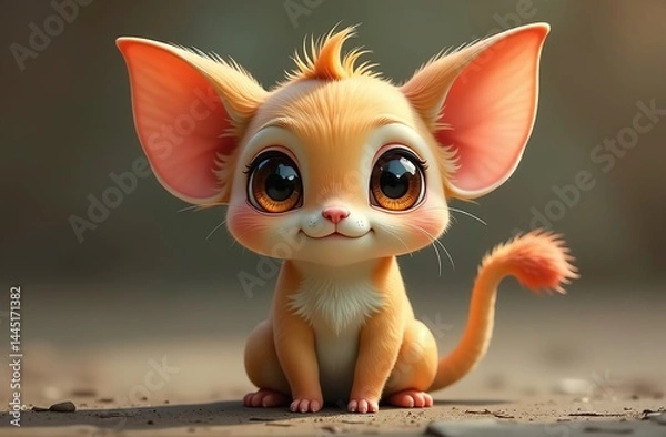 Obraz A strange cute orange cartoon creature with huge pointy ears and big eyes on a summer lawn
