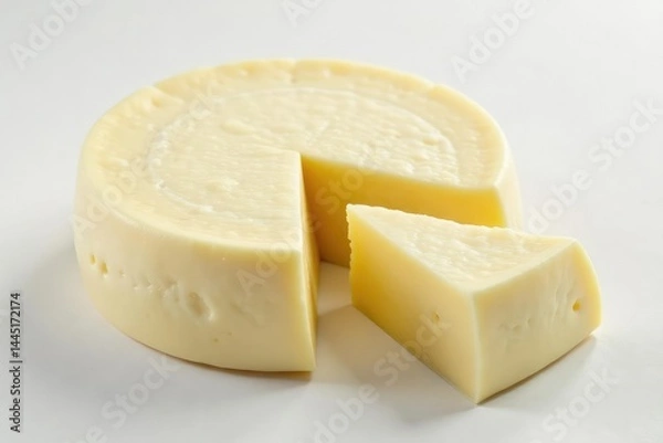 Fototapeta Artisan wheel of creamy white cheese on white background, cheese texture, portion, piece